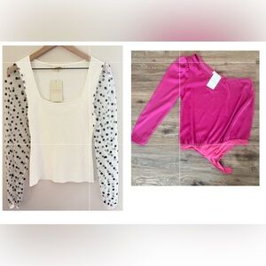 Eesome Black & White Puff Sleeve Blouse and Pink One-Shoulder Bodysuit both NWT